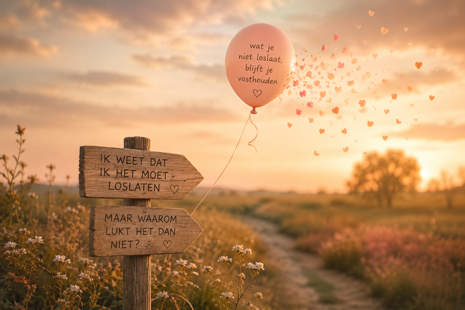 Roze ballon die langzaam opstijgt boven een rustig landschap met een kronkelend pad, als symbool voor loslaten en ruimte maken voor een nieuwe richting.