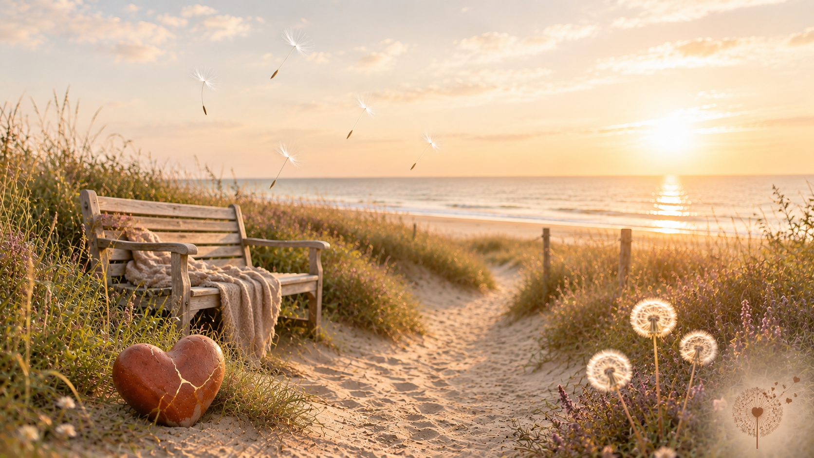 Zonnig duinpad naar het strand met een houten bank, een terracottahart met gouden kintsugi-lijnen en zwevende paardenbloempluisjes.